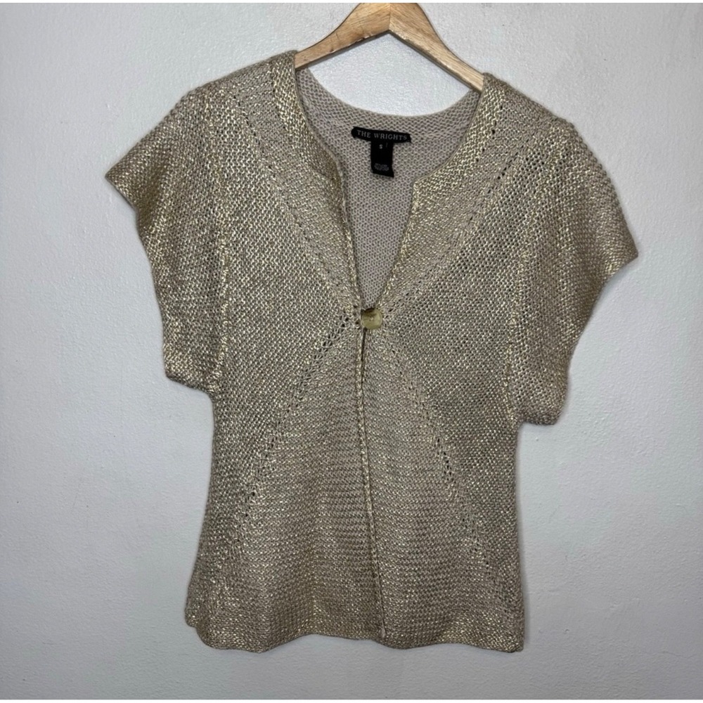 The Wrights Cardigan Sweater Women's Small Gold Linen‎ Cotton Short Sleeve Tan